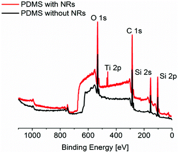 XPS survey Mg-Kα photoelectron spectra of PDMS with and without NRs, showing the main peaks of the two materials.