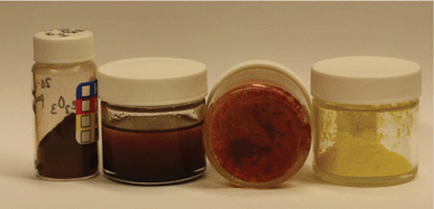 Right to left, comparison of bright yellow sample of Fe-CAB-O-SIL 1 : 4 (Fe from FeCl3), Fe-CAB-O-SIL® 1 : 4 complexed with 1,10-phenanthroline, Fe2O3 over 1,10-phenanthroline under toluene, and powdered Fe2O3.