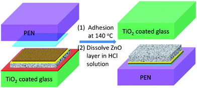 The process of integral transferring of TiO2 porous/TiO2 dense/FTO tri-layer from a glass substrate to a PEN substrate. The left part is the configuration before transfer, which includes (from bottom to top) TiO2 coated glass substrate (green), ZnO layer (red), TiO2 porous layer (white/black texture), TiO2 dense buffer layer (yellow), FTO layer (brown), hot-melt film (blue) and PEN substrate (purple). The right part is the configuration after transfer.