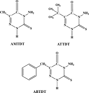 Structure of inhibitor molecules: 4-amino-6-methyl-3-thioxo-3,4-dihydro-1,2,4-triazin-5(2H)-one (AMTDT), 4-amino-6-(tert-butyl)-3-thioxo-3,4-dihydro-1,2,4-triazin-5(2H)one (ATTDT) and 4-amino-6-benzyl-3-thioxo-3,4-dihydro-1,2,4-triazin-5(2H)-one (ABTDT)