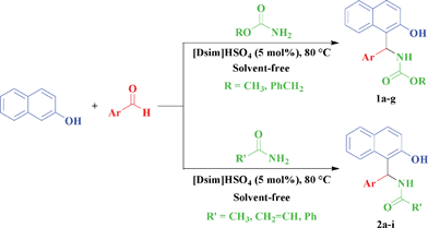 The synthesis of 1-carbamatoalkyl-2-naphthols (1a–g) and 1-amidoalkyl-2-naphthols (2a–i) using [Dsim]HSO4.