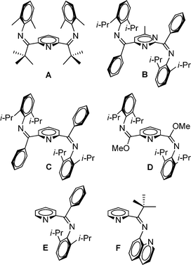 Previously reported bis(imino)pyridine (A,4C,6 and D6), bis(imino)pyrimidine (B5), and mono(imino)pyridine ligands (E8 and F9) with evidence for the existence of the Z,Z- or Z-isomer, respectively.