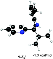 Structure and relative energy of 1-ZB′. Geometry is optimized at the B3LYP/6-31G* level of theory and the relative energy is determined using single point MP2/6-311+G** calculations. The relative energy is referenced to 1-ZB.