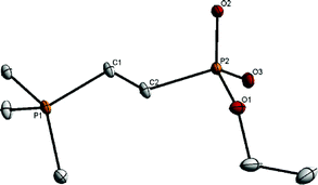 ORTEP drawing of 9. Selected bond lengths (Å) and angles (°): C(1)–C(2) = 1.540(2), P(1)–C(1) = 1.7889(18), P(2)–O(1) = 1.6177(14), P(2)–O(2) = 1.4975(13), P(2)–O(3) = 1.4905(13), O(1)–P(2)–O(2) = 104.29(8), O(1)–P(2)–O(3) = 110.43(8), O(2)–P(2)–O(3) = 119.54(8).