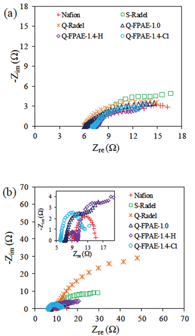 EIS for cathodes with different binders at 0.3 V (vs. NHE) (a): fresh cathode; (b): after 20 cycles. The inset shows EIS curves of NAFION® and fluorinated polymers (200 mM PBS, pH 7.0, 30 °C).