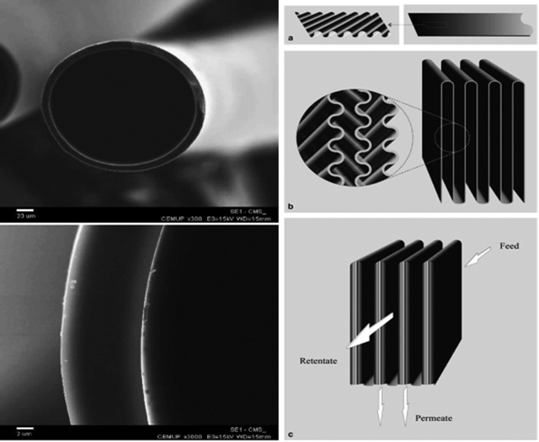 SEM pictures of a hollow fibre manufactured by Carbon Membranes Ltd (left). Reproduced with permission from ref. 186. Copyright of Elsevier B.V. Scheme of the preparation of the Blue Membranes GmbH honeycomb CMSM module (right). Reproduced with permission from ref. 188. Copyright of Elsevier B.V.