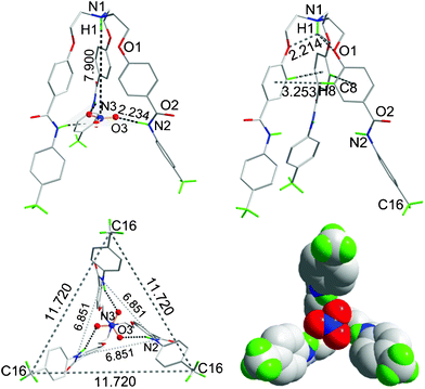 The crystal structure of 6a showing a discrete nitrate anion encapsulated complex (top, left); formation of the cone-shape conformation through N–H⋯O hydrogen bonding and C–H⋯π interactions (top, right), respectively; the end of each branch lies at the apex of an equilateral triangle (bottom, left); and a space-filled diagram of the nitrate anion-encapsulated complex (bottom, right). All H-atoms have been omitted for clarity except for the methyl C–Hs and those (shown in green color) interacting with the nitrate anion. All bond distances are given in Å.