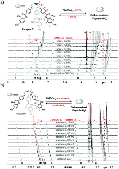 
            1H NMR (400 MHz, 20 °C) titration spectra of receptor 6′ (10.3 mM) in a DMSO-d6 solution upon the addition of varying amounts of CDCl3 (a) and acetone-d6 (b), respectively. After partial evaporation of CDCl3 (top) and acetone-d6 (bottom), the resulting spectra (red color in a and b) almost merged with the original one recorded in DMSO-d6 only. Star marks in green and red color represent the peaks for DMSO-d6 from the solvent and from the internal reference (from TMS in DMSO-d6), respectively. Star marks in blue color represent the solvent peaks (CDCl3, top), (acetone-d6, bottom) added to DMSO-d6 solution of receptor 6′.