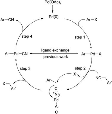 Proposed mechanism for Pd-catalyzed cyanation using benzyl cyanide.