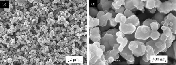 SEM images of the ‘composite’ layered material (0.5Li2MnO3·0.5LiMn0.42Ni0.42Co0.16O2) prepared by a solid state reaction method: (a) ×20.69 K; (b) ×100 K.