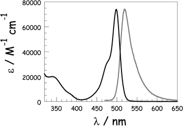 Absorption spectrum (black line), presented in terms of the molar absorption coefficient (ε), and the normalised fluorescence spectrum (grey curve) recorded for ROBOD in MTHF at room temperature.