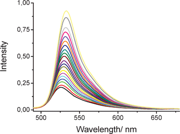 Effect of applied pressure on the fluorescence spectral profile recorded for ROBOD in CHCl3 at room temperature. The pressure is varied from atmospheric pressure to 550 MPa in increments of 27.5 MPa. The emission intensifies progressively with increasing pressure while the peak maximum undergoes a small red shift due to the change in polarizability. The excitation wavelength was 406 nm.