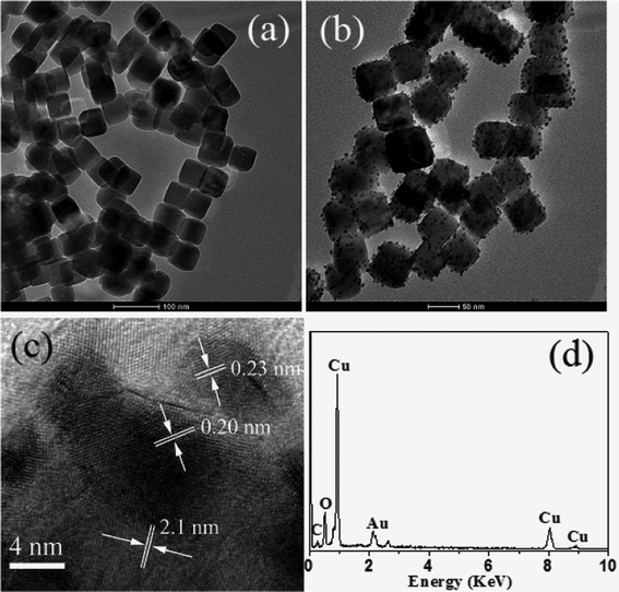 TEM images of Cu2O nanocubes before (a) and after (b) exposure to HAuCl4 precursor; HRTEM image (c); and EDS analysis (d) of as-prepared Cu2O–Au nanocomposites.