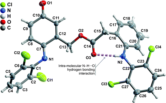 Schematic representation of the asymmetric unit of compound 6 which is composed by a whole molecular unit. Non-hydrogen atoms are represented as thermal ellipsoids drawn at the 50% probability level and hydrogen atoms as small spheres with arbitrary radius. The atomic labelling of all non-hydrogen atoms is provided. Intramolecular hydrogen bonding interactions are represented as dashed violet lines. For geometrical details on the represented supramolecular interactions see Table 2.