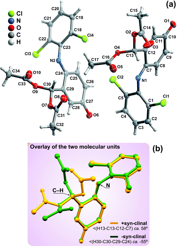 (a) Schematic representation of the two whole molecular units composing the asymmetric unit of compound 7. Non-hydrogen atoms are represented as thermal ellipsoids drawn at the 30% probability level and hydrogen atoms as small spheres with arbitrary radius. The atomic labelling of all non-hydrogen atoms is provided. (b) Structural overlap of the two crystallographically independent molecular units emphasising the two distinct conformations which arise from the rotation along the tertiary carbon atom. Structural drawing created using the software package Mercury.57