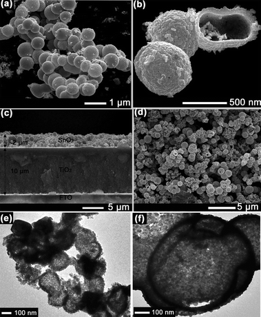 (a) SEM image and (b) magnified image of 600 nm SnO2 hollow microspheres (c) cross-section (d) top-view SEM image of TiO2 coated with 600 nm SnO2 film. TEM images of (e) 200 nm and (f) 600 nm SnO2 hollow microspheres.