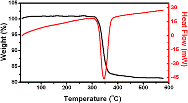 Differential scanning calorimetric analysis (DSC) and thermogravimetric analysis (TG) curves of hierarchical Ni(OH)2 hollow spheres.