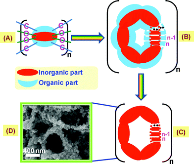 Proposed process that may be involved in the formation of an ordered porous semiconductor from this foam-type voluminous inorganic moiety embedded PVA matrix.