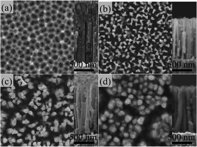 Top-view and cross-sectional SEM images of the (a) AAO template, (b) Ni core NW arrays, Ni-NiO core-shell NW arrays with either (c) a thinner (deposition charge: 150 mC cm−2) or (d) a thicker (deposition charge: 450 mC cm−2) NiO shell layer.