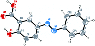 ORTEP representation of the dye (E-2-hydroxy-5-(phenyldiazenyl)benzoic acid).