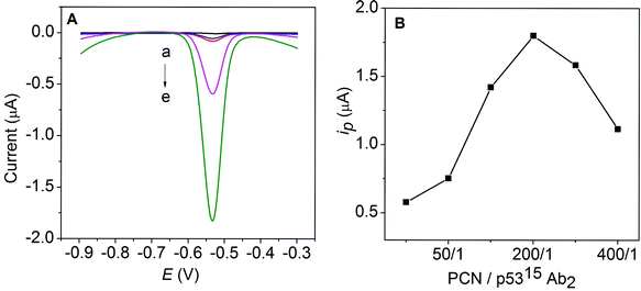 (A) Electrochemical responses of MP-p5315Ab1 (a), MP-p5315Ab1/PCN-p5315Ab2 (b), MP-p5315Ab1/PCN-p5315Ab2-NS (c), MP-p5315Ab1/phospho-p5315/PCN-p5315Ab2 (d) and MP-p5315Ab1/phospho-p5315/PCN-p5315Ab2-NS (e) on the SPE in an acetate buffer containing 0.5 mg mL−1 Bi. (B) The effect of the ratio of PCN/p5315Ab2 on the response current.