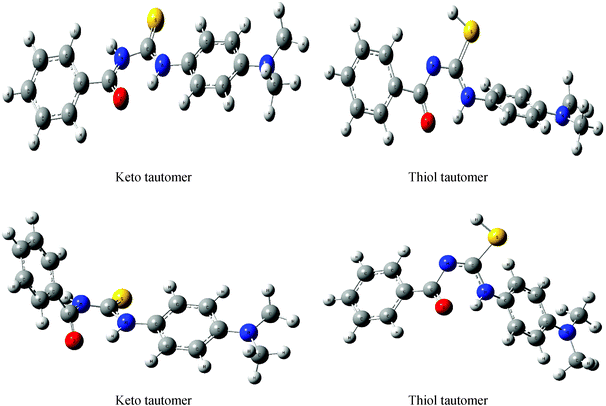 Optimized structures of two tautomers of BDAPT (left: the ground state; right: the first excited singlet state).