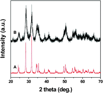 X-ray diffraction patterns of HfO2 samples compacted at (A) 1000 °C by Spark Plasma Sintering and (B) 850 °C by uniaxial hot pressing.