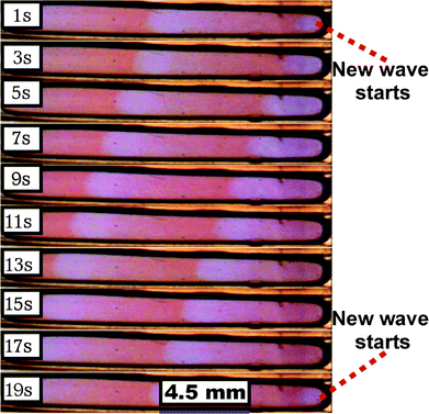 Images of one-dimensional waves produced in a 1.5 μl droplet taken between time periods between 1–19 s.