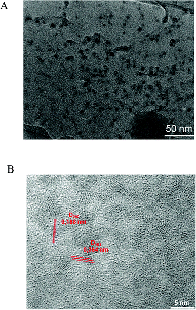 TEM (A) and HRTEM (B) micrographs of the plasma polymer coatings put in contact with a 5 mM [Ti(iv)Lac2OH2]2− containing solution for 1 h.