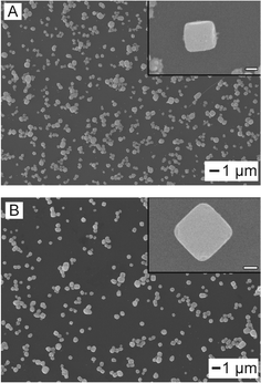 SEM images of the synthesized AgCl:Ag (A) and AgCl (B) cubic mesostructures. Inset scale bar is 200 nm.