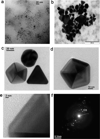 TEM images of the gold nanoparticles from (a) Au solution (10−4 M) collected on the 7th day, (b) Au solution (10−2 M) collected on the 7th day, (c & d) Au nanoparticles (10−2 M) collected on the 10th day, (e) HRTEM confirming the single crystalline nature of the particle in (d) and (f) SAED pattern of the particle shown in (c).