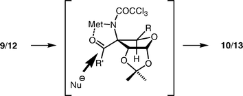 Proposed mechanism for addition of MeMgBr or hydride to aldehyde 9 or ketone 12.