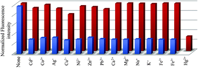 Normalized fluorescence responses of L (25 μM) to various cations in water. The red bars represent the emission intensities of L in the presence of cations of interest (25 μM). The blue bars represent the change of the emission that occurs upon the subsequent addition of (25 μM) of Hg2+ to the above solution. The intensities were recorded at 516 nm, excitation at 340 nm.