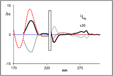 Calculated (weighted sum) ECD spectra of (R)-(+)-8-hydroxy-2-tetralol (dotted line) compared with the experimental data for (R)-(+)-8-hydroxy-2-tetralol (black bold solid line) and (S)-(−)-8-hydroxy-2-tetralol (grey bold solid line) (2c).