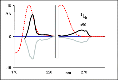 Calculated (weighted sum) ECD spectra of (R)-2-tetralol (dotted line) compared with the experimental data for (R)-(+)-2-tetralol (black bold solid line) and (S)-(−)-2-tetralol (grey bold solid line) (2a).