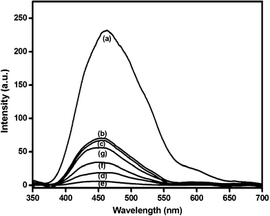 Photoluminescence emission spectra of (a) NaTaO3 (b) Bi–NaTaO3 (c) 0.1 Bi2O3/Bi–NaTaO3 (d) 0.2 Bi2O3/Bi–NaTaO3 (e) 0.3 Bi2O3/Bi–NaTaO3 (f) 0.4 Bi2O3/Bi–NaTaO3 (g) 0.5 Bi2O3/Bi–NaTaO3 catalysts measured at −196 °C with 300 nm wavelength excitation.