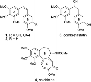 The structure of combretastatin A-4 (1), a structurally related biologically active analogue lacking the -OH group (2), combretastatin (3) and colchicine (4).