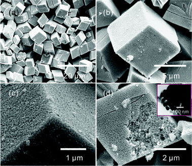 Low-magnification (a) and high-magnification (b–d) SEM images of CdO nanostructures after heating the CdCO3 microcrystals at 500 °C for 1 h in air. The inset of (d) is the TEM image of the CdO micro/nanostructures.