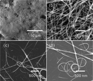 Low-magnification (a) and high-magnification (b–d) SEM images of the CdCO3 nanobelts synthesized with a 9 : 1 volume ratio of EG and water.