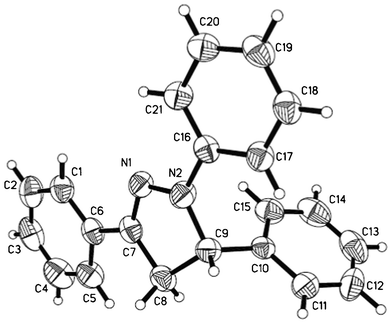 X-ray crystal structure of dihydropyrazole 4aa. The thermal ellipsoids are at the 50% probability level.