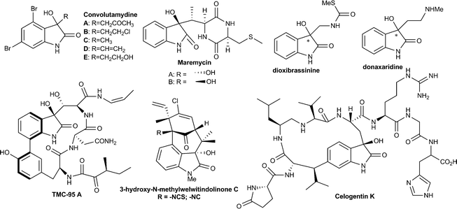 Some example of bioactive molecule containing the tetrasubstituted 3-hydroxyoxindole structural motif.