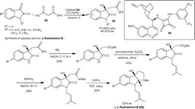 Squaramide 54 catalyzed decarboxylative aldol reaction of malonic acid half thioesters (52) with isatins.