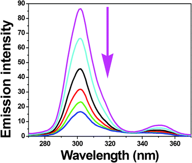 Synchronous spectra of BSA (1 μM) in the presence of increasing amounts of complex 4 (0–25 μM) for a wavelength difference of Δλ = 15 nm. The arrow shows the emission intensity changes upon increasing concentration of complex.