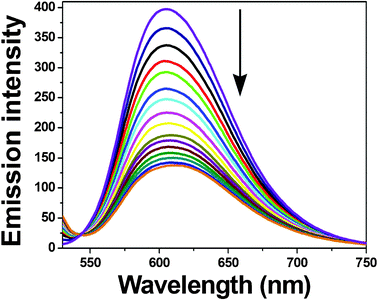 The emission spectra of the DNA–EB system (λexc = 515 nm, λem = 530–750 nm), in the presence of complex 4. [DNA] = 12 μM, [Complex] = 0–75 μM, [EB] = 12 μM. The arrow shows the emission intensity changes upon increasing complex concentration.