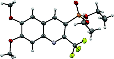 An ORTEP image of compound 4c. (Light Grey = H; Grey = C; Blue = N; Orange = P; Green = F; Red = O).