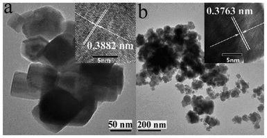 TEM images of NaTaO3 nanocrystals (a) without doping and (b) with doping of 4.31 mol% Cr3+. Insets show the corresponding high resolution TEM images.