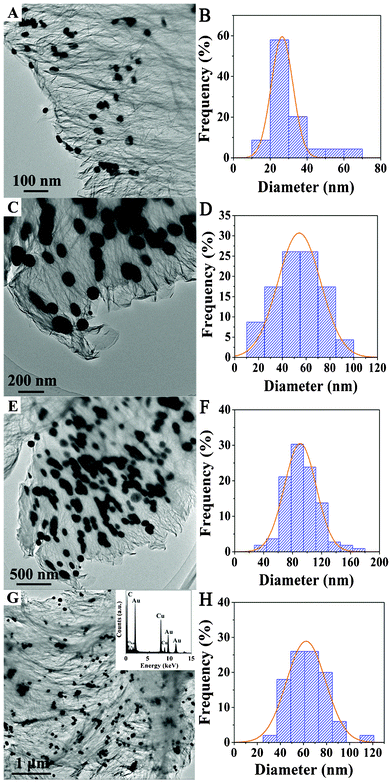 TEM images and the size distribution of Au NPs for Au/G-0.5 (A and B), Au/G-1.5 (C and D), Au/G-3.0 (E and F) and Au/G-4.0 (G and H), respectively. The insertion in G is the EDX spectrum of Au/G-4.0.