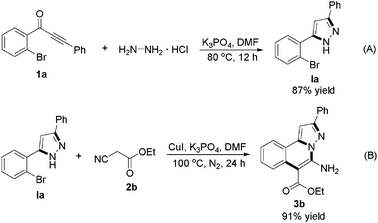 (A) Coupling of 1-(2-bromophenyl)-3-phenylprop-2-yn-1-one (1a) with hydrazine hydrochloride leading to 5-(2-bromophenyl)-3-phenyl-1H-pyrazole (Ia). (B) Copper-catalyzed of Ia with ethyl 2-cyanoacetate (2b) leading to 3b.