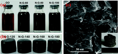 Photographs of N-G in the forms of (a) stable dispersion and (b) hydrogel; (c) SEM images of aerogel of N-G-140. Inset in Fig. 1(c) is a digital image of the aerogel of N-G-140.