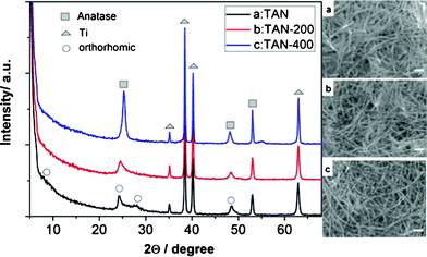 XRD pattern and SEM images (scale bar: 100 nm) of titanic acid nanotubes (TAN) film, a: as-prepared TAN, b: TAN calcined at 200 °C for 4 h, c: TAN calcined at 400 °C for 4 h.